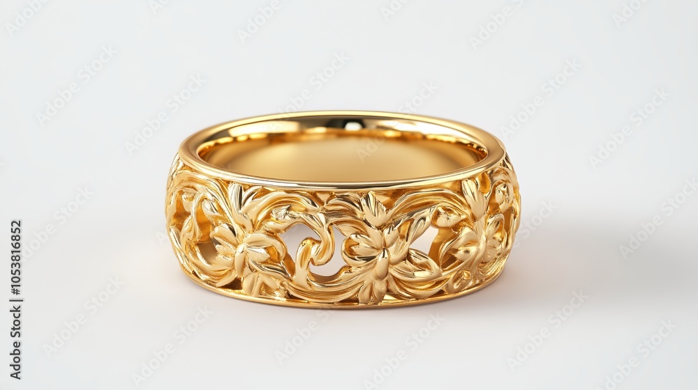 A stunning golden wedding band stands out against a pure white background, symbolizing eternal love and commitment. A stunning golden wedding band stands out against a pure white background, symbolizing eternal love and commitment.