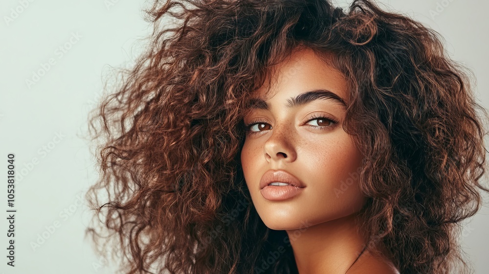 Naklejka premium A stunning woman with elongated, lustrous, and wavy hair showcases skillful coloring and toning techniques. Her eye-catching shatush and balayage highlights enhance her natural curls