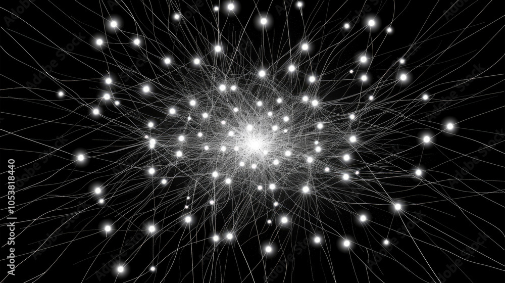 Fototapeta premium A complex network of glowing nodes and threads woven into a radiant star-like structure against a deep, dark background.