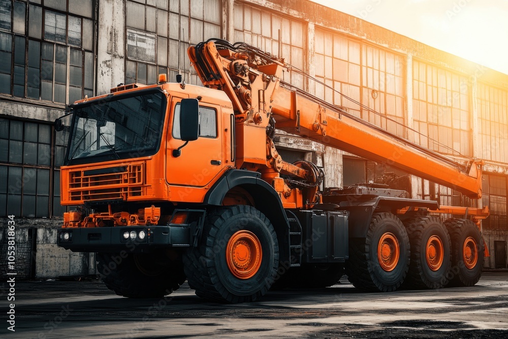 Obraz premium Mobile Crane Parked Near Industrial Warehouse