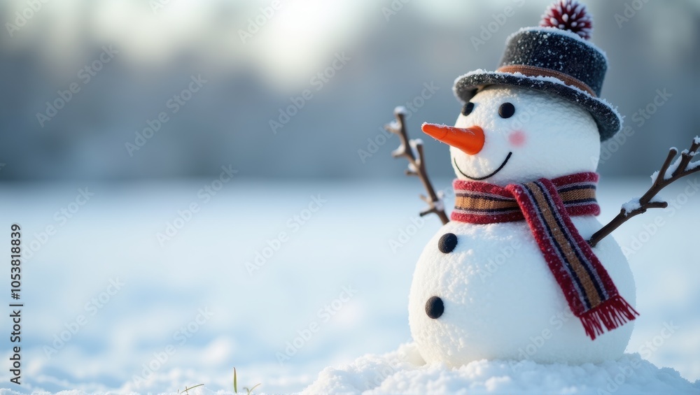 Fototapeta premium A smiling snowman with a hat and scarf, amidst a snowy landscape under a clear sky. Generative, AI,