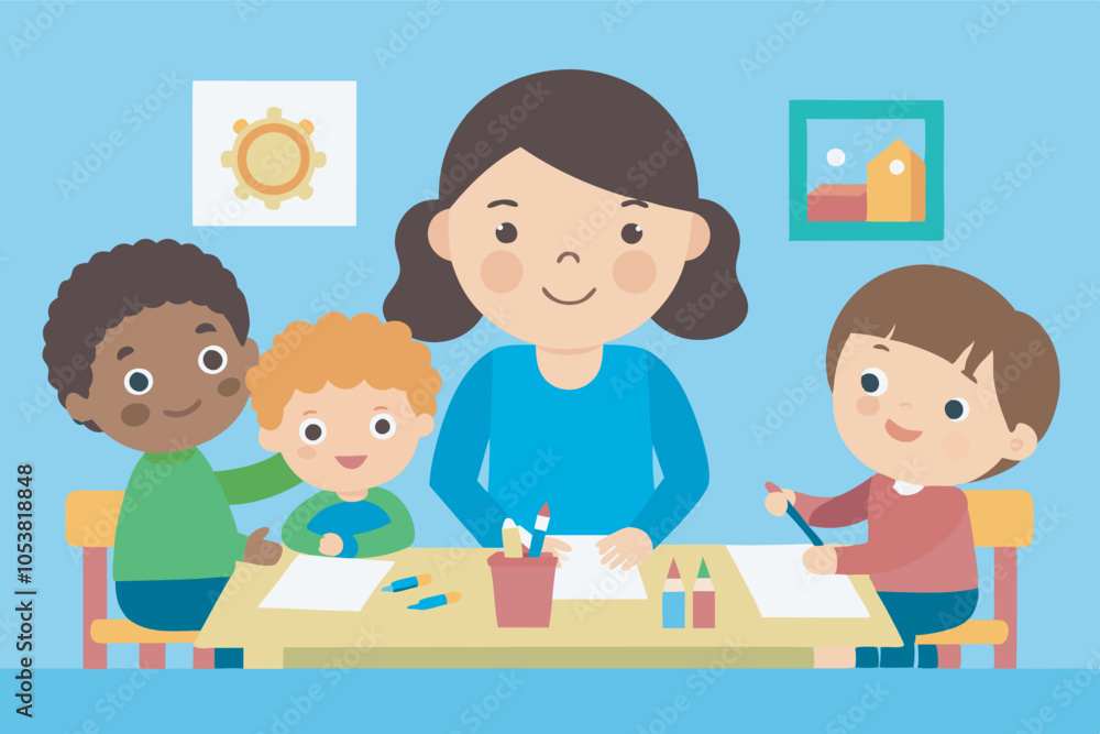 A teacher and three students happily draw on a table in a bright room. Two boys and a girl with red hair are engaged in art with pencils and crayons. A teacher and three students happily draw on a table in a bright room. Two boys and a girl with red hair are engaged in art with pencils and crayons.