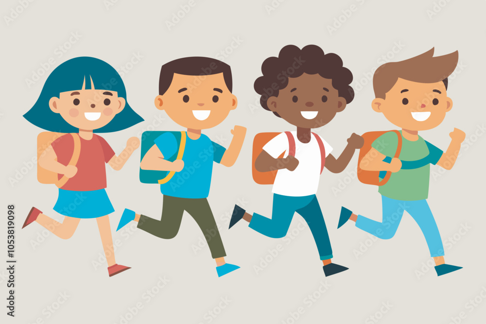 Four children, two girls and two boys, happily run together with colorful backpacks. They wear striped shirts and emanate the joy of youth friendship and adventure. Four children, two girls and two boys, happily run together with colorful backpacks. They wear striped shirts and emanate the joy of youth friendship and adventure.