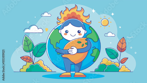Artistic image symbolizes global warming & environmental crisis through figure engulfed in flames embracing a burning globe with elements of destruction & renewal.