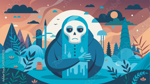 Illustration: Skeleton figure in cloak with crossed arms amid apocalyptic scenery. Sorrowful emotion conveyed under night sky with crescent moon.