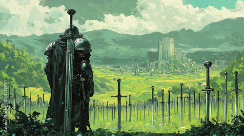 lonely medieval honored knight with giant claymore or longsword standing in green field of swords in style of dark fantasy anime