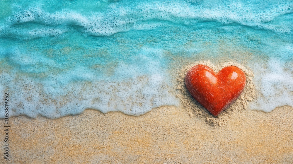 Fototapeta premium Artistic portrayal of Cardiology Day featuring a heart in sand against a turquoise backdrop highlighting themes of charity and compassion