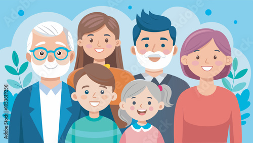 Portrait of a happy multigenerational family with grandparents, parents, daughter, and son. Arranged by height, smiling, and joyful against a light blue background with plant patterns.
