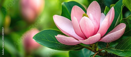 A Large Pink Southern Magnolia Flower Is Surrounded By Glossy Green Leaves Of A Tree Pink Petal Close Up Spring Background Loebner Magnolia Magnoliaceae Hybrid photo