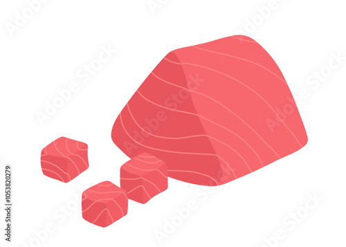 Cartoon sliced fish meat. Red fish pieces, white fish, delicious sashimi slices, hake, pangasius, mackerel, salmon steak and fillet flat vector illustration set.