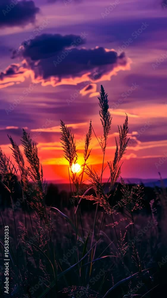 Sunset over a field with silhouetted grasses, vibrant sky. Nature and tranquility concept Sunset over a field with silhouetted grasses, vibrant sky. Nature and tranquility concept