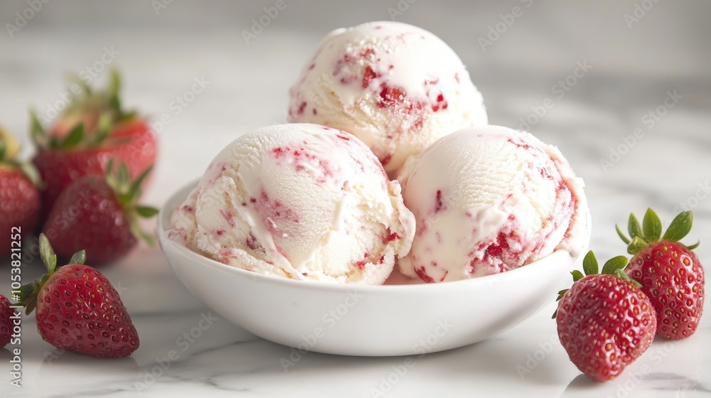Creamy ice cream scoops made with fresh strawberries and served with additional berries Creamy ice cream scoops made with fresh strawberries and served with additional berries