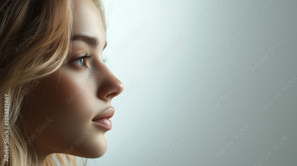 Close-up profile side view of a beautiful blonde woman, on the side of plain background Close-up profile side view of a beautiful blonde woman, on the side of plain background