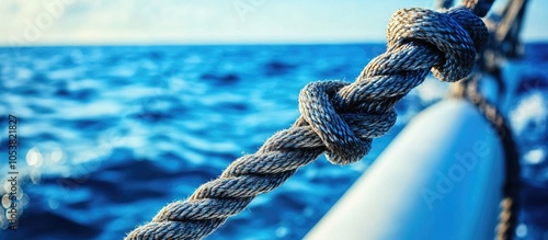 Black Sailing Ropes Crossing In Tie Knots Around Boat White Tube On Blurred Bokeh Deep Blue Sea Water Background Picturesques Abstraction Eye Catching Picture For Designs Prome Sail Trips Tourism photo