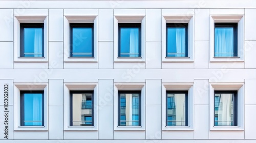 Close up view of a white building facade showcasing its windows