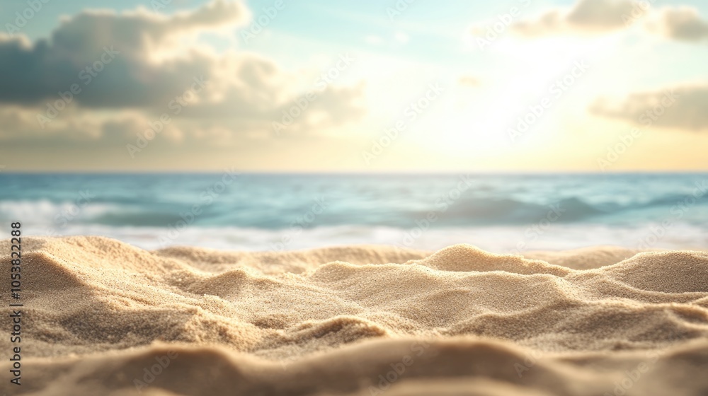 Close up of sand with a blurred ocean and sky backdrop perfect for summer themed designs featuring ample space for text Close up of sand with a blurred ocean and sky backdrop perfect for summer themed designs featuring ample space for text
