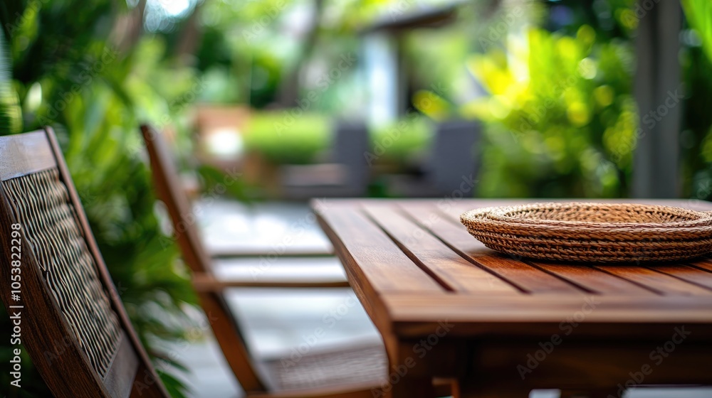 Traditional and modern wooden table and chair set with a wicker plate in a garden featuring a blurred background Traditional and modern wooden table and chair set with a wicker plate in a garden featuring a blurred background