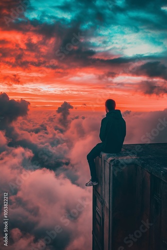 Individual perched above clouds viewing dramatic sunset sky scenery, surrounded by a stunning horizon.