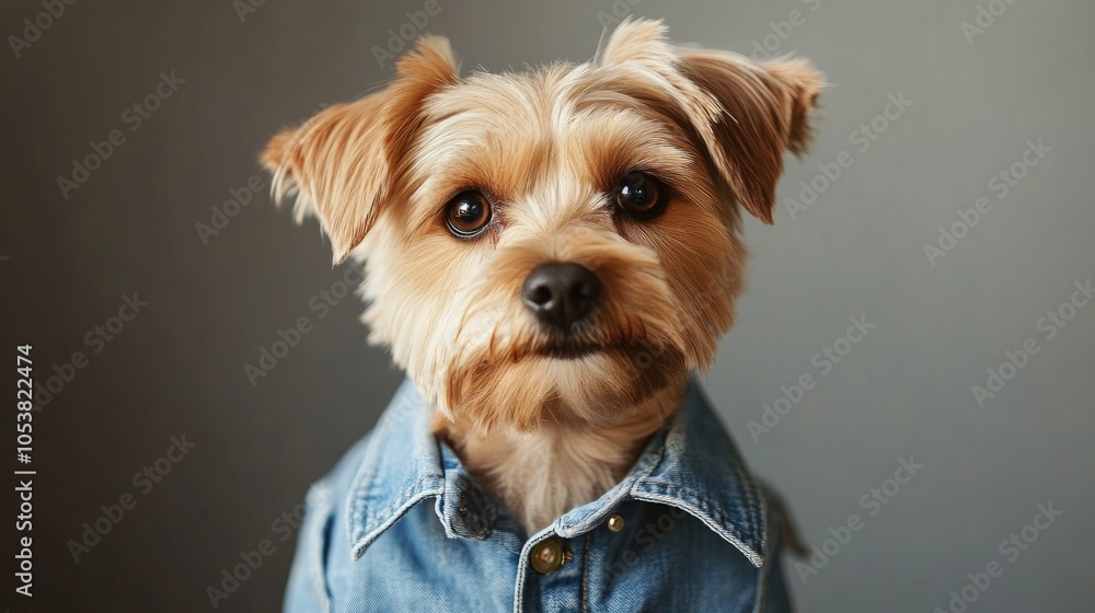 Stylish portrait of a cute dog dressed in a denim shirt showcasing trendy pet fashion Stylish portrait of a cute dog dressed in a denim shirt showcasing trendy pet fashion