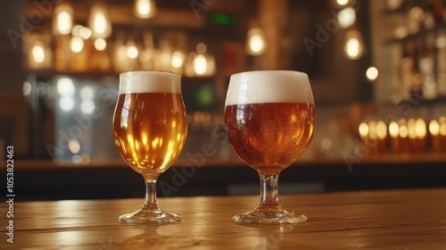 Close up of two nonic pint glasses and tulip glasses filled with light draft beer on a wooden table showcasing a refreshing beverage experience photo