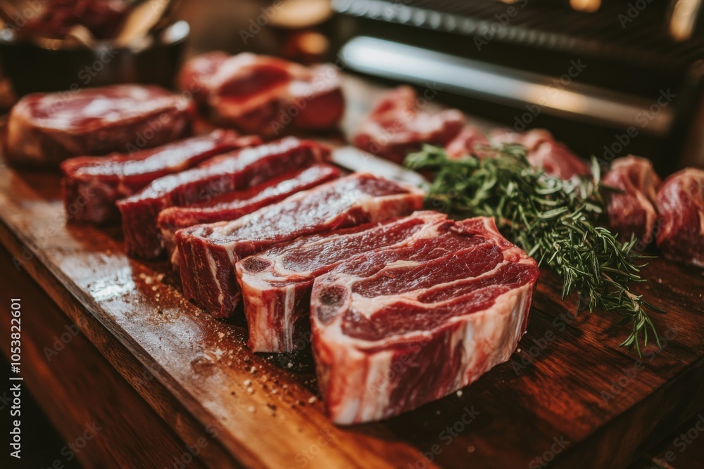 Fototapeta premium Close Up of Fresh Cuts on Butcher's Table
