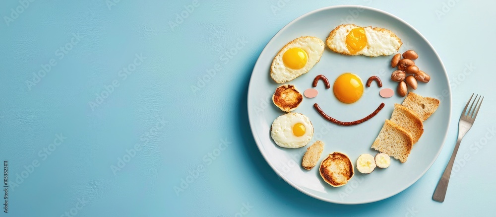Fun Breakfast Concept With Abstract Happy Smiling Human Face Made Of Breakfast Items On Blue Background Fun Breakfast Concept With Abstract Happy Smiling Human Face Made Of Breakfast Items On Blue Background
