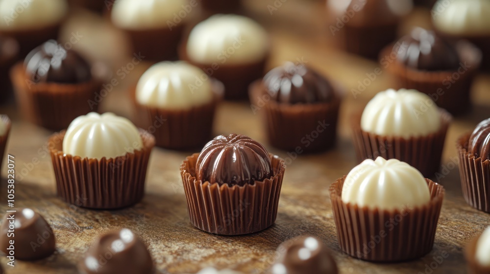 Close-up of assorted milk and dark chocolate truffles in paper cups on a wooden surface. Close-up of assorted milk and dark chocolate truffles in paper cups on a wooden surface.