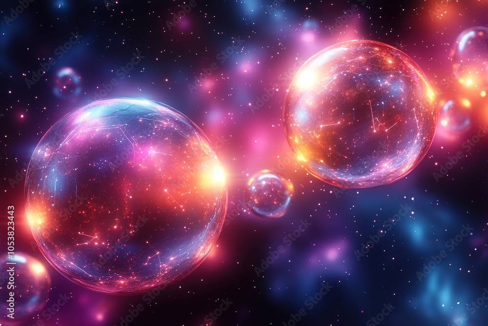 Two glowing orbs in a cosmic background with swirling nebulae. Two glowing orbs in a cosmic background with swirling nebulae.