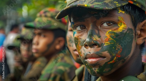 portrait of young police with jungle camouflage paint. Indonesian police photo