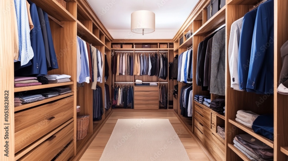 Naklejka premium Wooden dressing closet in a spacious entryway, complemented by white walls, offering background space for creative ads