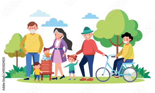 Download  Happy Family Ride A Bicycle. Old Woman Sitting On A Bench. Grandfather With Dog. Mother Walking With Baby Stroller, Kid Cycling.  Vector Illustration . This Design Concept Isolated Premium V