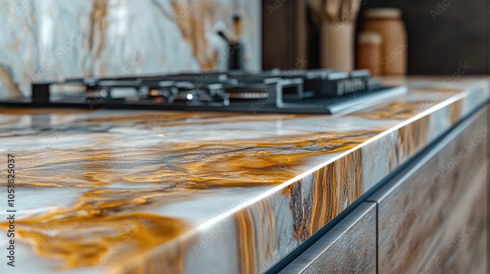 Fototapeta premium Close up of marble kitchen surfaces featuring wooden countertops