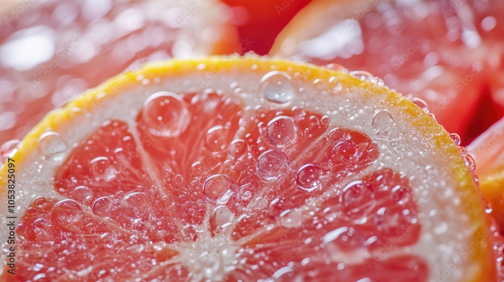 Close up macro view of fresh red grapefruit slices featuring water droplets on the surface Close up macro view of fresh red grapefruit slices featuring water droplets on the surface