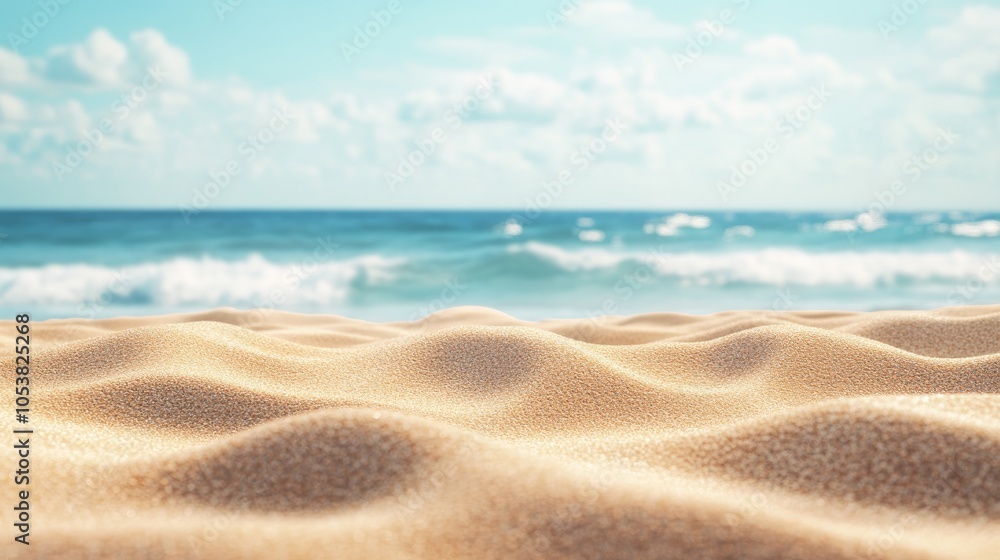 Close up of sand with a blurred ocean and sky backdrop perfect for summer themed designs featuring ample space for text Close up of sand with a blurred ocean and sky backdrop perfect for summer themed designs featuring ample space for text