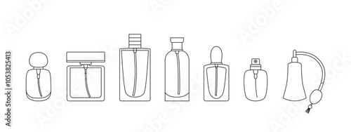 Linear perfume bottles set. Fragrance, essence, toiletry flask. Women's perfume with different scents. Line art. Editable stroke. Sign, logo, symbol. Vector isolated on white.