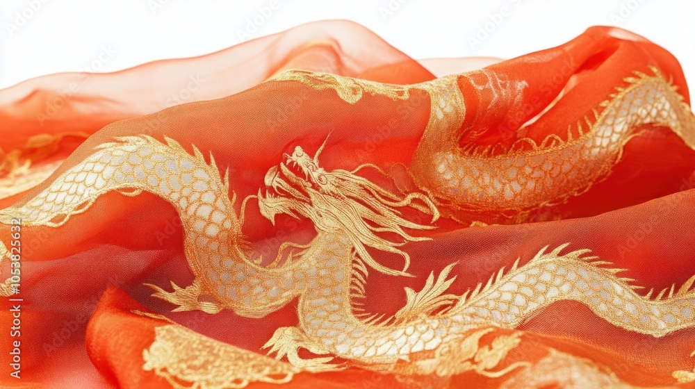 Fototapeta premium Traditional Chinese background featuring intricate gold dragon patterns on red fabric, symbolizing power, isolated on white