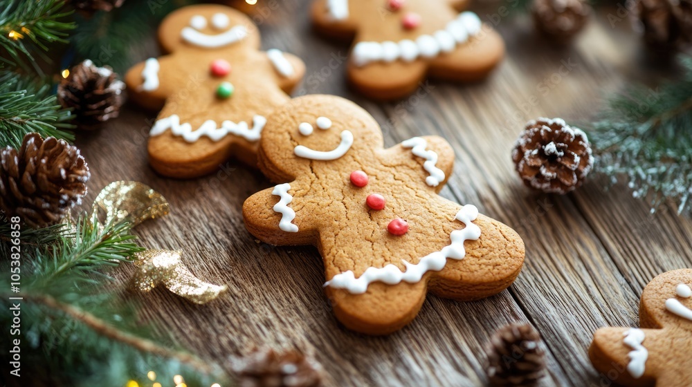 Gingerbread cookies adorned with festive decorations on a rustic wooden surface Gingerbread cookies adorned with festive decorations on a rustic wooden surface