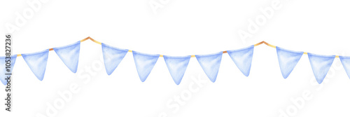 A seamless garland of triangular pennants in soft blue watercolor, perfect for baby showers or birthday celebrations. Hand-drawn design adds a festive and charming touch to any party decor