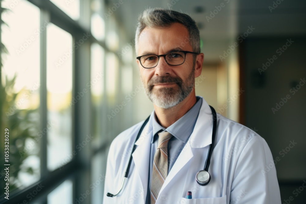 Smiling portrait of a middle aged Caucasian male doctor in hospital Smiling portrait of a middle aged Caucasian male doctor in hospital