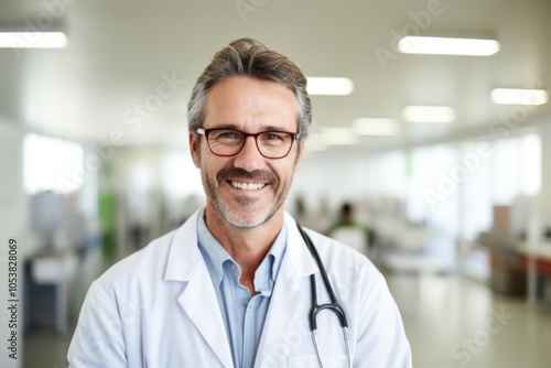 Smiling portrait of a middle aged Caucasian male doctor in hospital