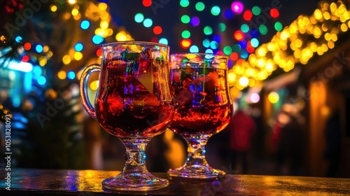 Two wine glasses filled with festive grog surrounded by vibrant Christmas lights at a seasonal fair photo