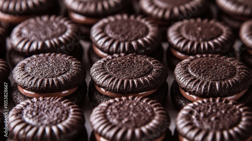 Close up of chocolate sandwich cookies organized in rows Concept of a sweet dessert and snack photo