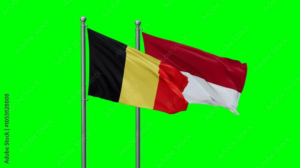 Indonesia and Belgium flags flying together, video concept of the relationship with colored chroma key for easy background remove Indonesia and Belgium flags flying together, video concept of the relationship with colored chroma key for easy background remove