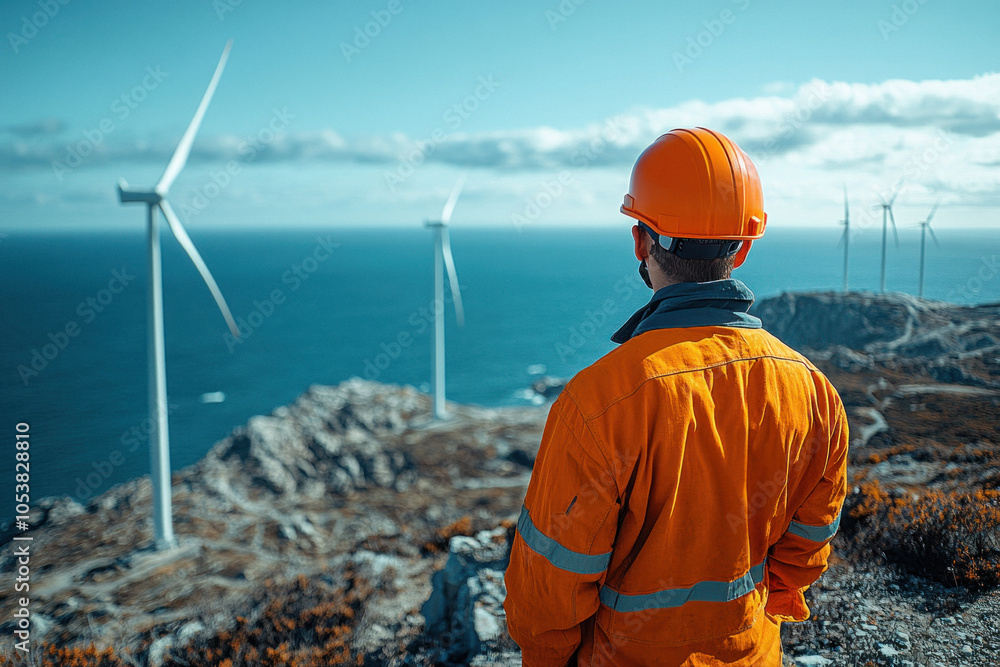 Caucasian engineer overseeing wind turbines by the sea at a wind farm Caucasian engineer overseeing wind turbines by the sea at a wind farm