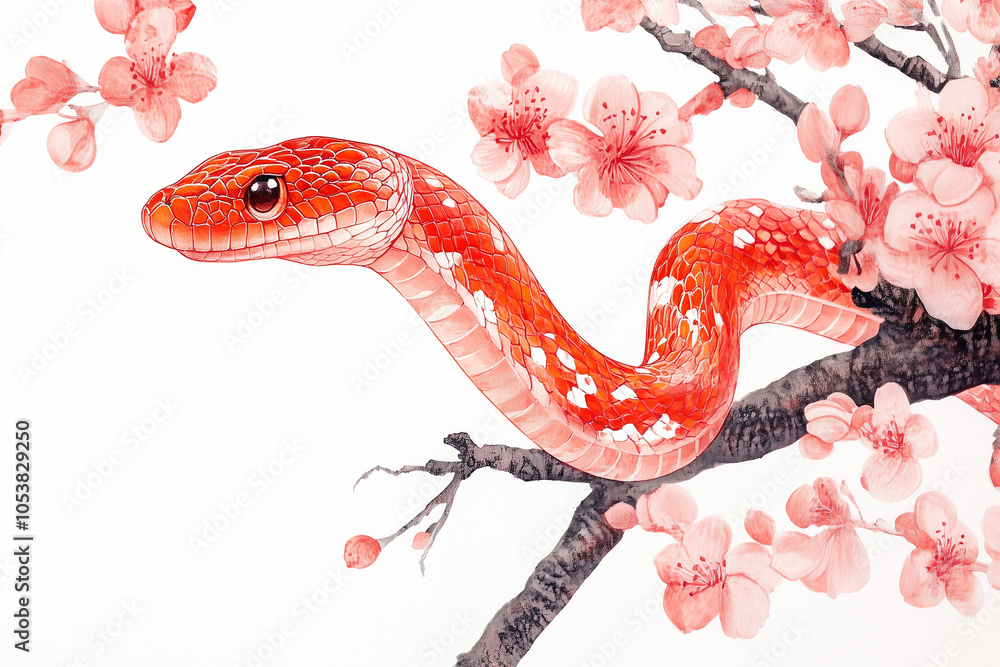 Obraz premium 赤いヘビと桜, 新年, 年賀, 巳年, 干支