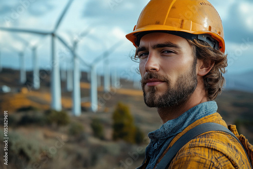 Caucasian male engineer at wind farm renewable energy site