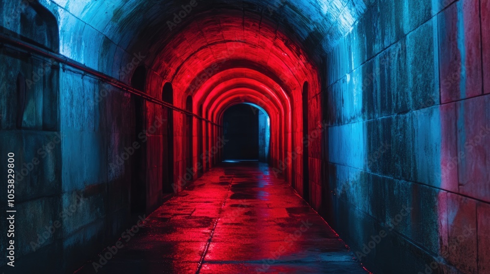 Mysterious underground passageway bathed in red and blue illumination Mysterious underground passageway bathed in red and blue illumination