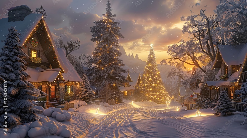 A quiet snow-covered village at dusk A quiet snow-covered village at dusk