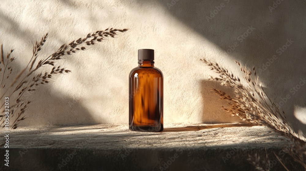 Fototapeta premium Brown glass bottle mockup designed for cosmetic items against a textured natural backdrop
