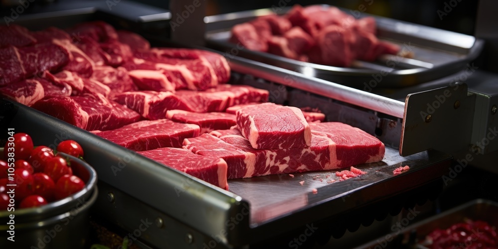 Freshly Cut Beef Steaks Ready for the Grill on a Stainless Steel Tray with Red Cherry Tomatoes in the Foreground Freshly Cut Beef Steaks Ready for the Grill on a Stainless Steel Tray with Red Cherry Tomatoes in the Foreground